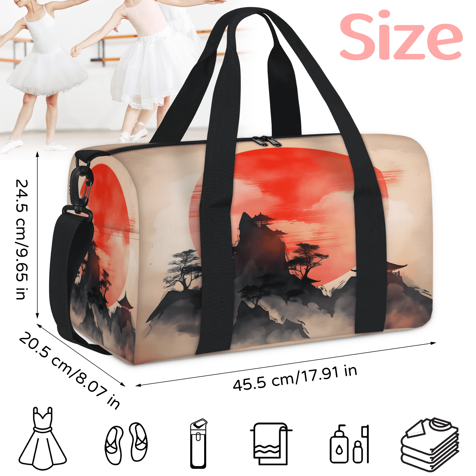 Herdesigns Japanese Chinese Oriental Art Gym Bag for Women, Duffle Bag for Travel Sport, Lightweight Waterproof Carry on Weekender Overnight Dance Yoga Workout Bags