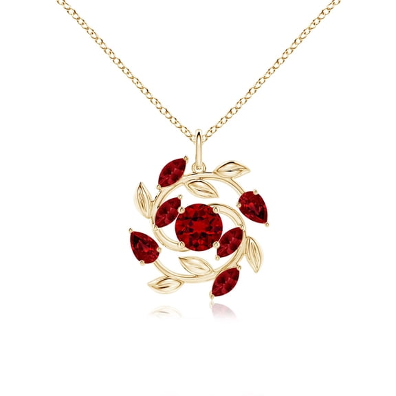 ANGARA Lab Grown 1 Ct Round and Marquise Ruby Olive Branch Pendant for Women in 14K Yellow Gold (Size-6mm) | July Birthstone, Birthday, Anniversary, Jewelry Gift for Women | Lab-Grown Ruby Necklace
