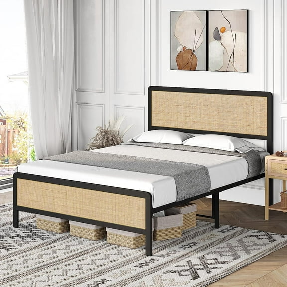 Full Size Metal Bed Frame with Rattan Headboard and Footboard, Platform Bed Frame with Safe Rounded Corners, Under Bed Storage, Strong Metal Slat Support, No Box Spring Needed
