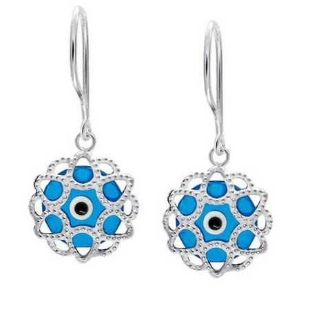 Blue Nazar Evil Eye Round Filigree Spiritual Protection Drop Earrings For Women Teen Murano Glass 925 Sterling Silver
