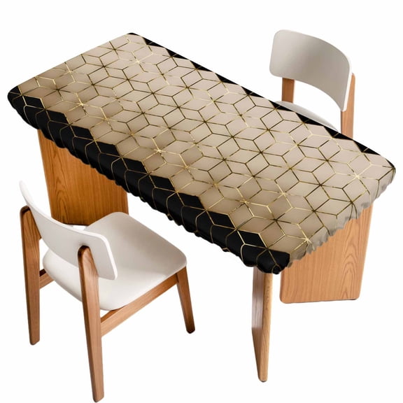 Brown Geometric Table Cloths for 6 Foot Rectangle Tables, Modern Abstract Art Ombre Patio Waterproof Elastic Fitted Tablecloths, Washable Rectangular Table Cover for Camping