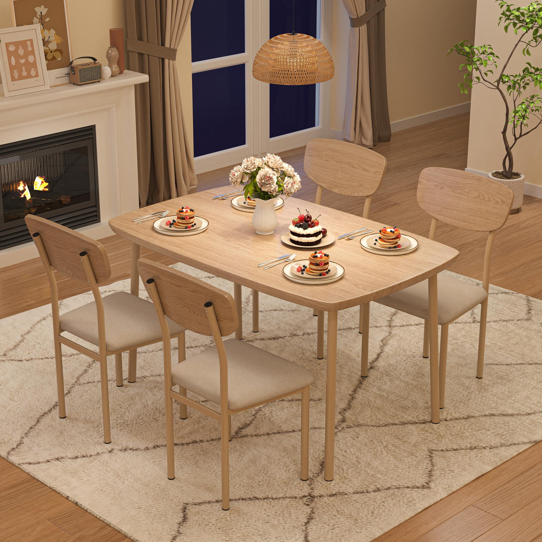 SESSLIFE 5 Pieces Dining Table Set, Modern Kitchen Table and 4 Chairs for Breakfast Small Spaces, Natural and Beige