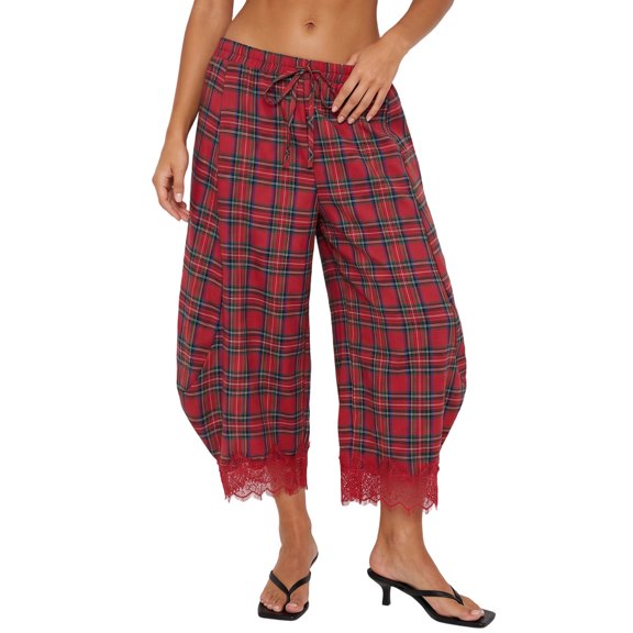 LMLYSoH Women Retro Plaid Pants with Lace Trim Drawstring Lantern Leg Cropped Pants