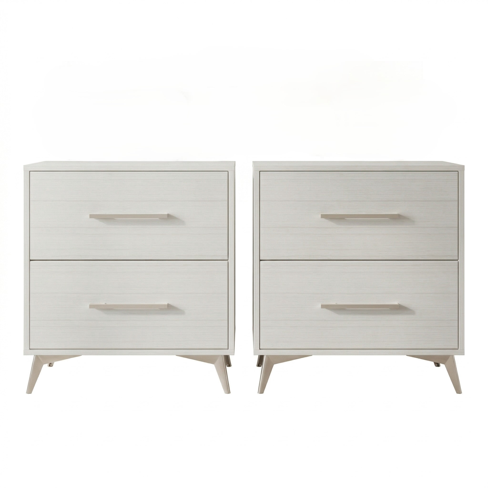 Home Design Lakewood 2 Drawer Nightstand (Set of 2) with Linear Handles and Metal Legs, White, Easy Assembly