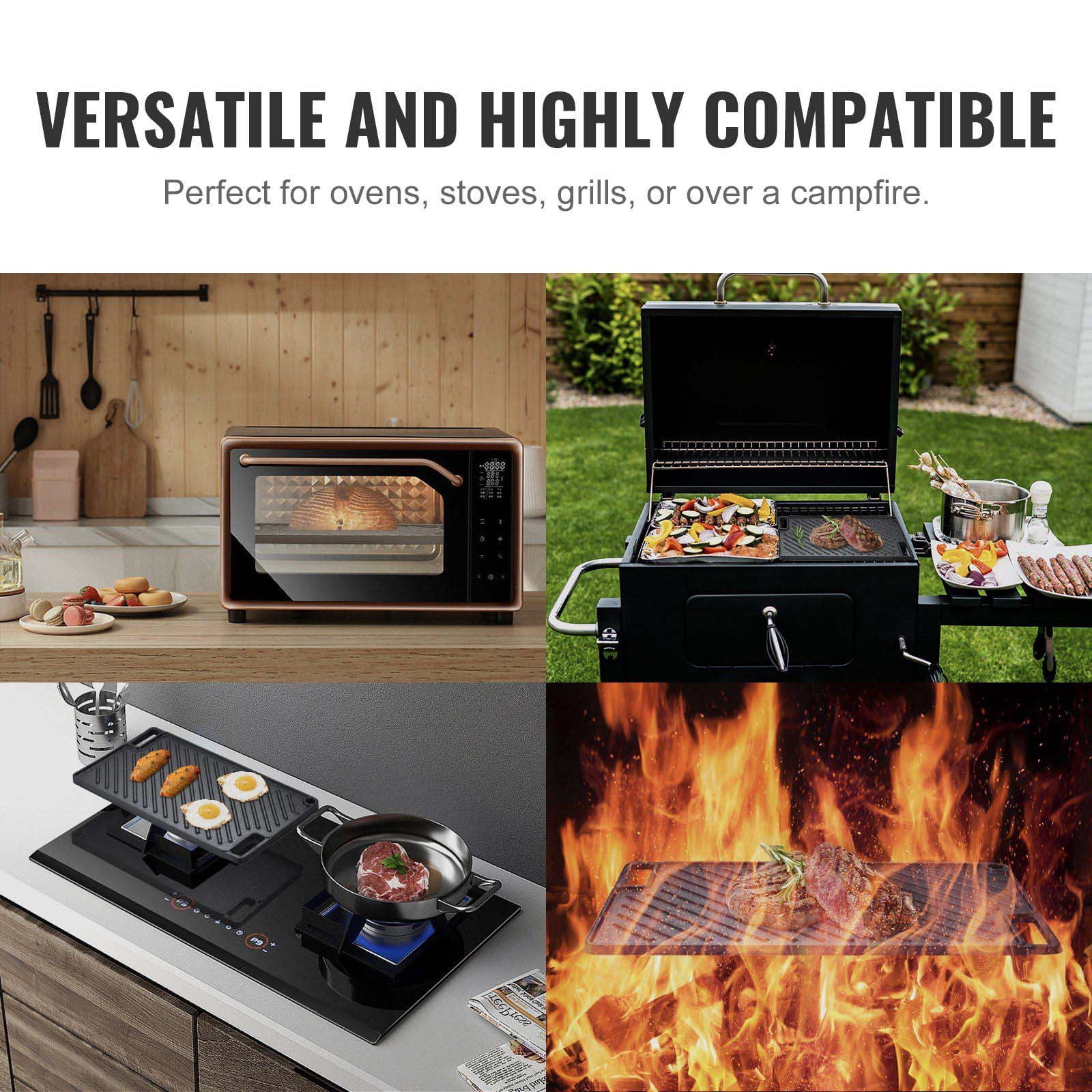 Cast Iron Griddle 9.7x16.7 Inch, Pre-Seasoned Double Burner Grill Pan, Non-Stick Flat Top for BBQ, Gas Grill, Stovetop - Black