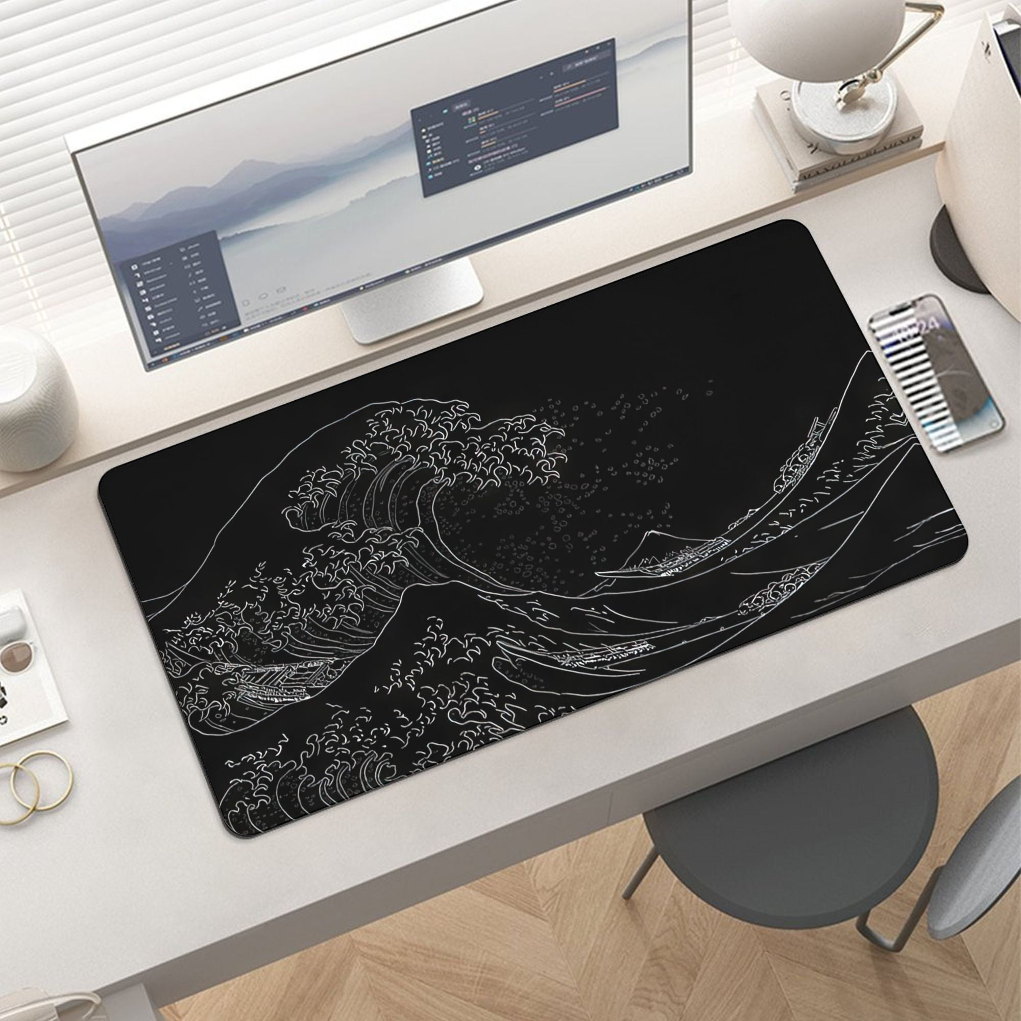 Japanese Sea Wave Mouse Pad Gaming Mousepad Large Mouse Pad for Keyboard and Mouse with Anti-Slip Rubber Base, Keyboard Pad Big Mouse Mat for Home and Office  35.4 x 15.7in