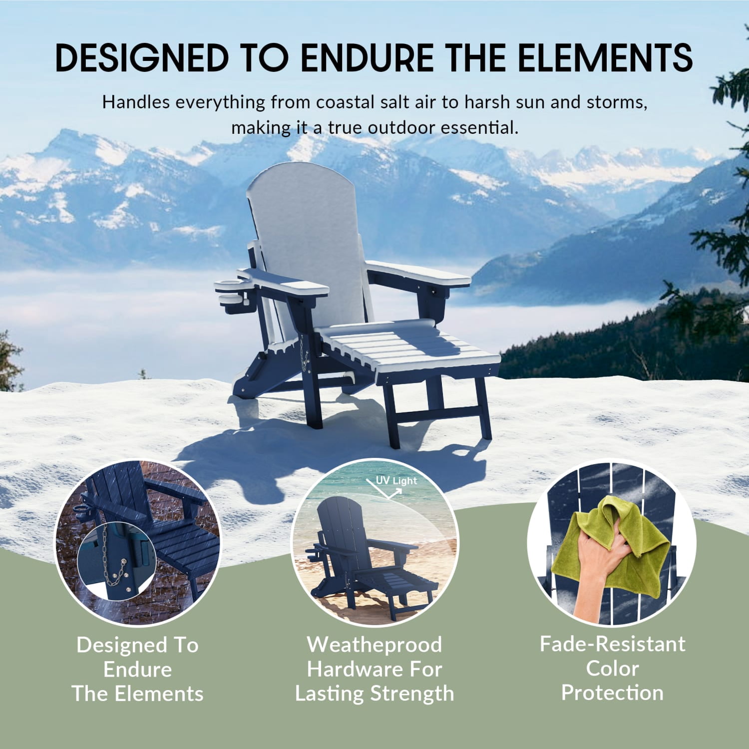 WestinTrends Malibu Folding Adjustable Adirondack Chair with Retractable Ottoman and Cup Holder, Navy Blue