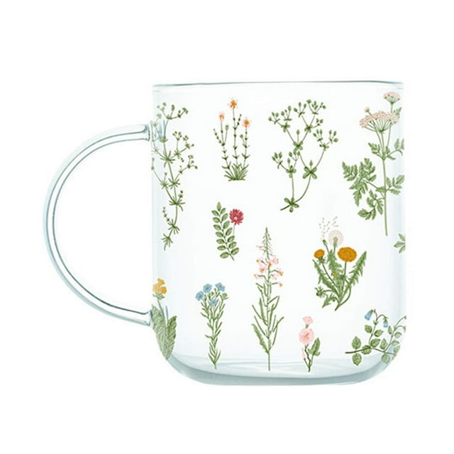 Taza de Cristal Sunnimix Taza de Té con Asa Grande Taza de Café Patrón de Plantas Y Flores 450ml