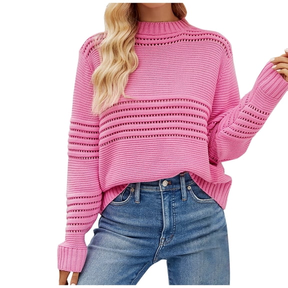 UTSJKR Women's Pit Striped Knit Sweaters Elegant Solid Crew Neck Pullover Tops Casual Loose Hollow out Jumper Knitwear Fall Winter Long Sleeve Sweaters 2024 Fashion Clothing Hot Pink S