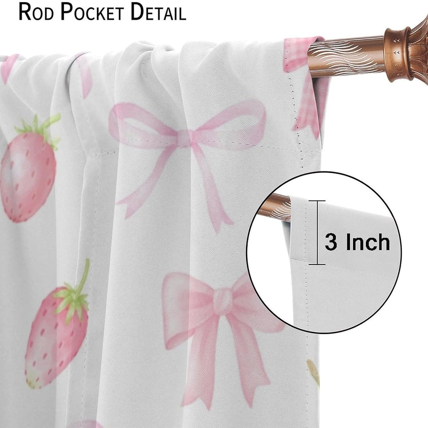 Cute Pink Bow Curtains, Watercolor Aesthetic Pink Strawberries Cherries Pastel Ribbon Bow Rod Pocket Window Drapes Treatments for Girls Children''s Bedroom, 63" W X 63" L