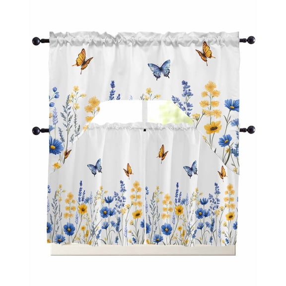 Spring Floral Swag Kitchen Curtains Sets for Windows 24 Inch Length, Summer Pastoral Butterfly Watercolor Short Window Curtain Panels Swags Valances and Tiers 3 Piece Set for Cafe/Dining Room
