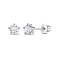 925 Sterling Silver Classic 4mm Simulated Diamond Prong Set Girls Screw Backs