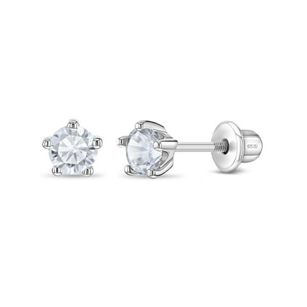 925 Sterling Silver Classic 4mm Simulated Diamond Prong Set Girls Screw Backs