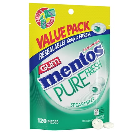 Mentos Pure Fresh Sugar-Free Spearmint Xylitol Chewing Gum, 120 Count Resealable Bag