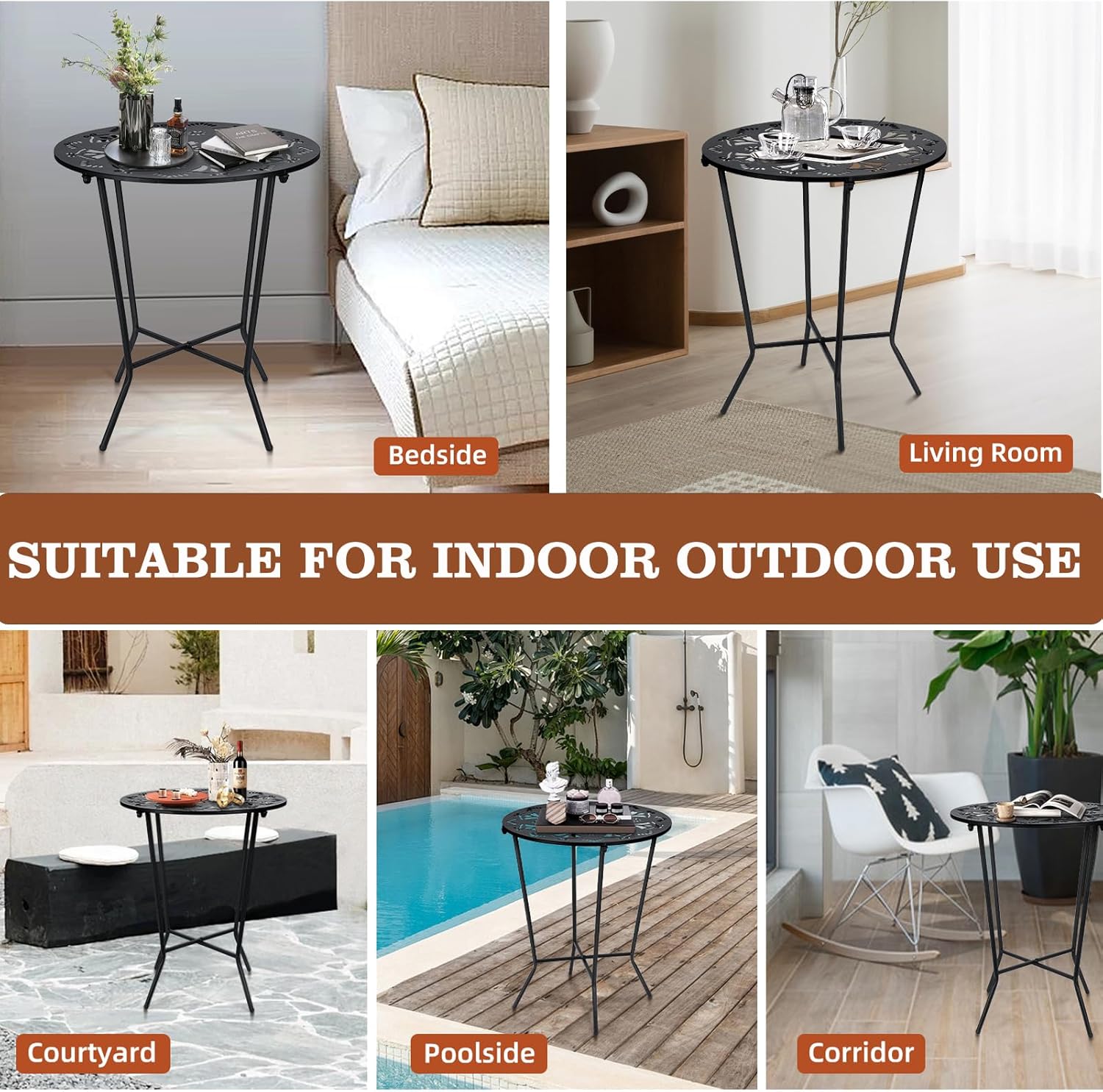 KABB Tall Durable Rustproof Iron Side Table, Weather Resistant Outdoor End Table for Garden, Balcony, Yard