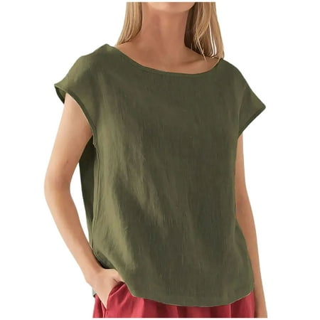 

PIMOXV Summer Tops for Women Short Sleeves Cotton Linen Solid Color Crewneck T Shirts Womens Sleep Shirts