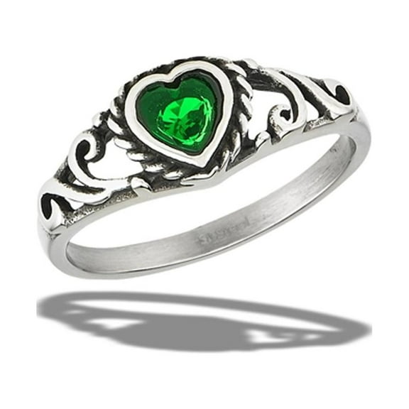 Simulated Emerald Heart Filigree Swirl Ring Stainless Steel Band Green CZ Jewelry Female Size 9