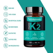 Vitamin K2 Mk7 100 mcg Vegan 60 Capsules by PhiNaturals - Bone Health Heart Cardiovascular Arteries - Vit k-2 MK-7 100mcg Supplement from Natto