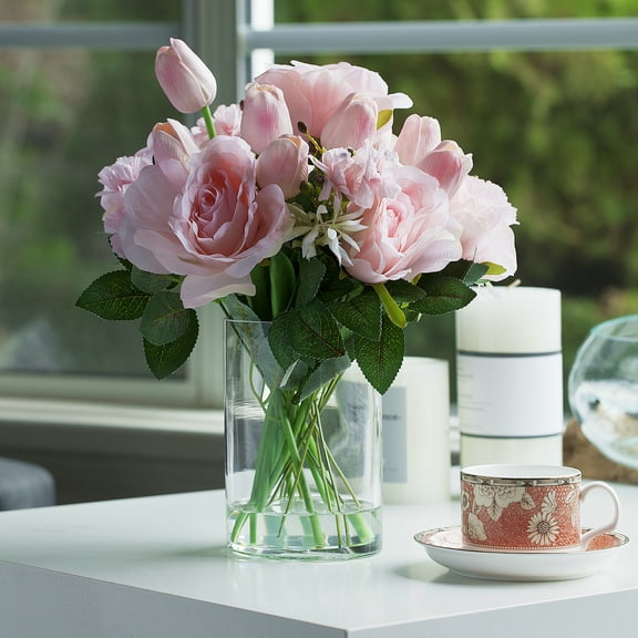 Enova Home Mixed Artificial Real Touch Tulip and Rose Flower Fake Floral Arrangement in Clear Glass Vase with Faux Water (Pink)