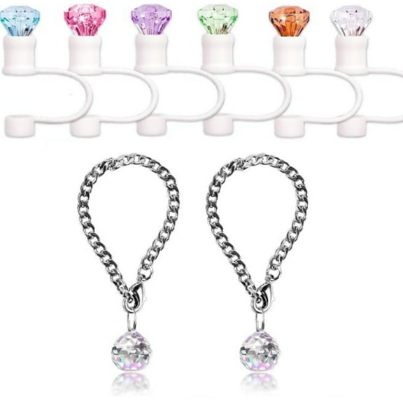 6 Pack 12mm Diamond Straw Cover Cap for Brumate Era 30&40 Oz Cup and 2 PCS Crystal Ball Handle Charm Accessories, Reusable Silicone Straw Topper Accessories(6 2)