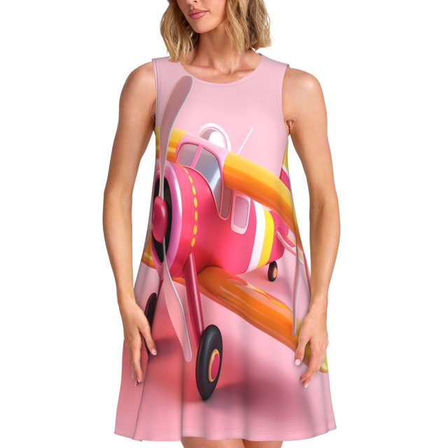 Easygdp Colorful Cartoon Biplane para Vestido Transpirable de Mujer, Vestido Suelto de Manga Corta con Pliegues y Bolsillos para el Verano