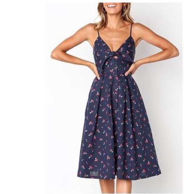 Nouvelle Robe Midi Évasée Dos Nu à Bretelles Spaghetti et Col en V pour Femmes
