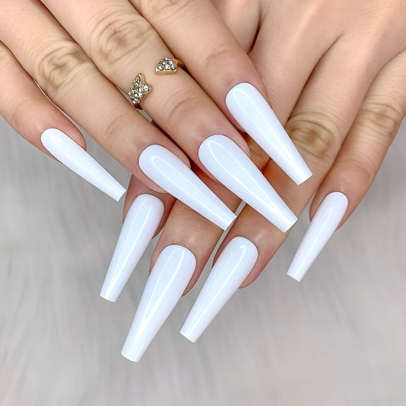 RAGUPEL 24 Pcs Glossy False Nails with Glue, Extra Long Press on Nails Coffin Nail Tips, Extra Long Coffin Fake Nails for Women White