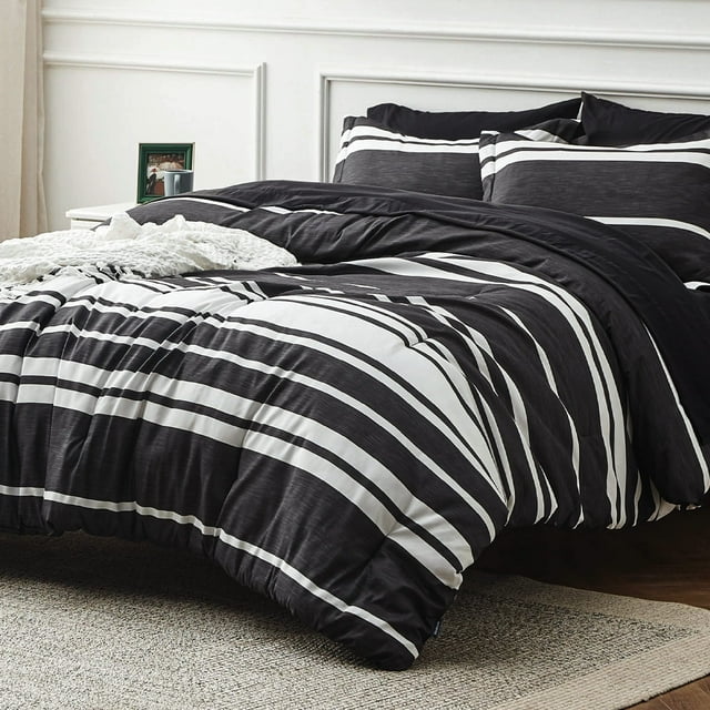 Juego de edredón Bedsure Queen Size 7 piezas a rayas negras