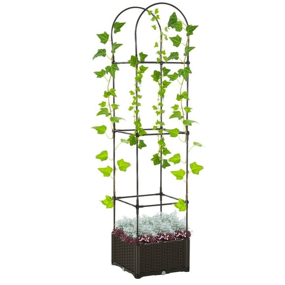 Outsunny 16'' x 16'' x 70'' Garden Bed with Trellis, Planter Box with Self-Watering Disk, Drainage Holes, & Steel Frame for Climbing Plants