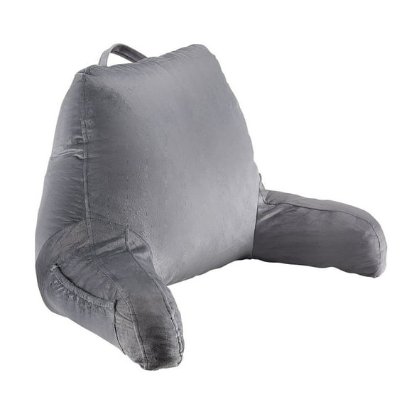 Reading Pillow with Shredded Memory Foam - Back Support Pillow for Bed, Sofa - 3 Pocket Organizer - Velvet Cover - Handle - Grey