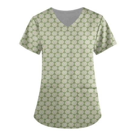 

Women s Work Tops Professional Fashion Easter Print Short Sleeve V-Neck Shirt Scrubs Tees with Pocket Blouses