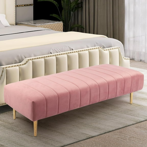 ZALIX  Modern Ottoman Bench Bedroom Velvet Bench 58 Inch End of Bed Upholstered Footrest Stool with Gold Legs for Living Room Dinning Room Entryway Pink