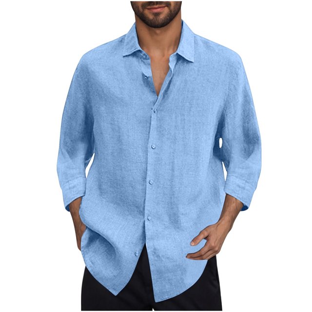 Men's 3/4 Sleeve Shirt Solid Color Button Down Lightweight Flat Front Casual Tops Blouse Light Blue
