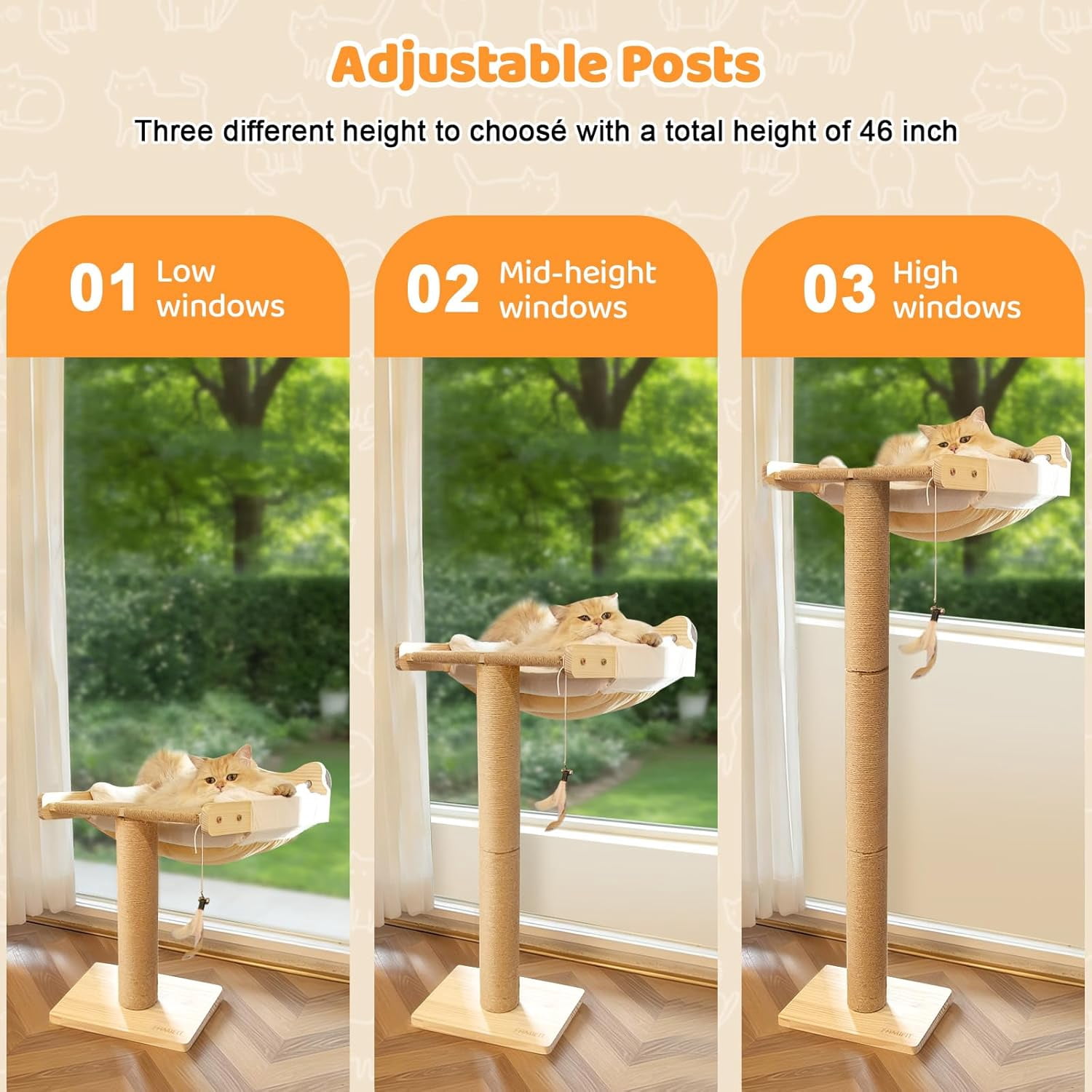 Cat Window Perch Hammock with 3-Piece Detachable Sisal Scratching Posts, Gray Fluffy Cusion, Drill-Free Suction Cup Mount, Multi-Level Climbing Perch for Bird Watching, 45 LBS Capacity
