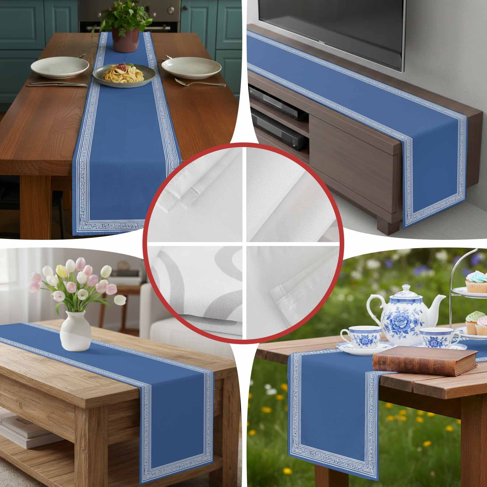 Blue Back Pattern Retro Greece Table Runner 90 Inches Long, Abstract Geometric Texture Table Runners Tabletop Scarf Kitchen Dining Tables Decoration for Home Party Indoor Outdoor