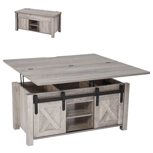 VEVOR 39.4 in Farmhouse Lift Top Coffee Table, Rustic Center Table with Barn Door and Hidden Storage Compartment, Modern Rectangle Lifting Tabletop for Living Room, Office, Home, Easy Assembly, Oak