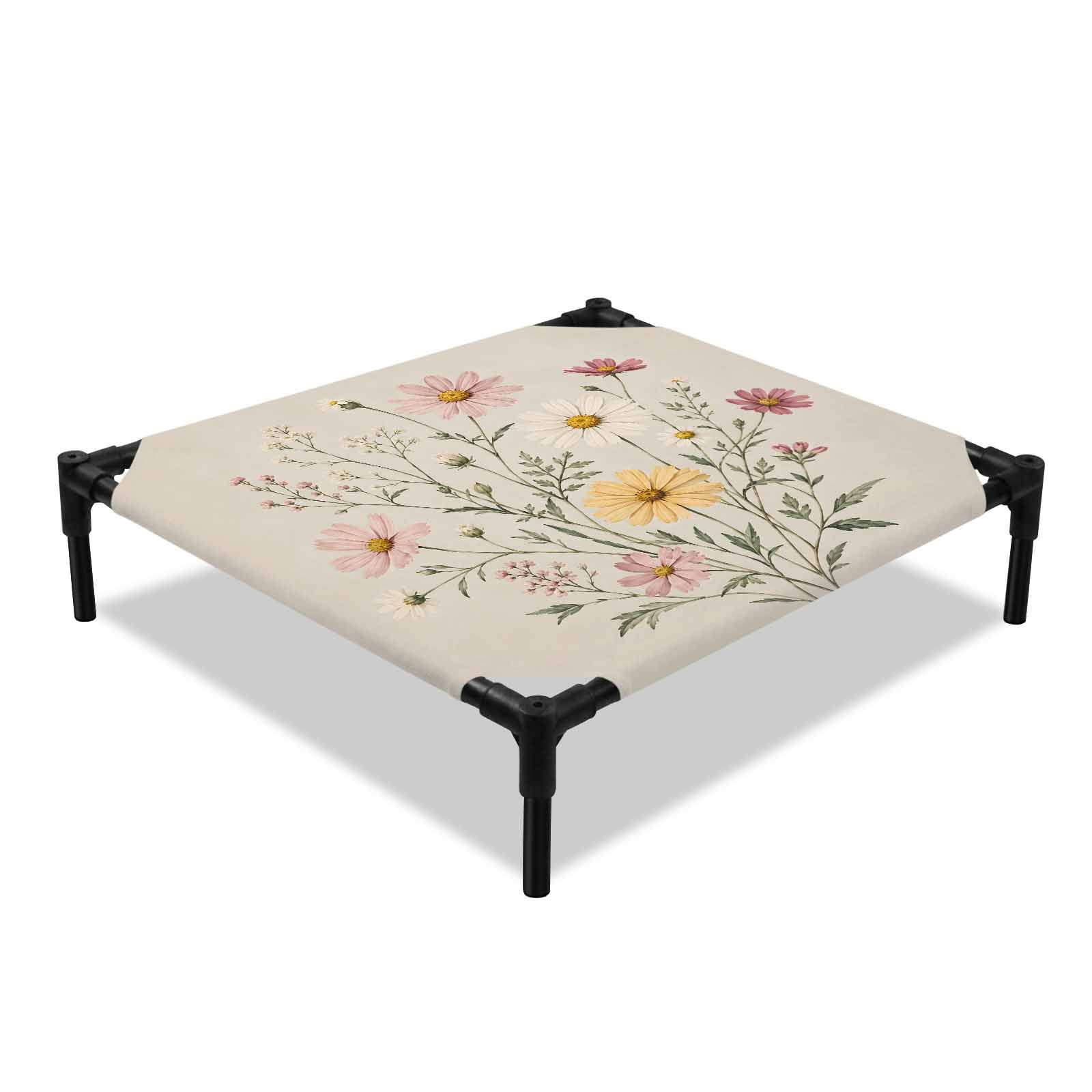 Farmhouse Wildflower Elevated Dog Bed Watercolor Pink Yellow Daisy Botanical Cooling Breathable Outdoor Raised Dog Cot Bed with Metal Frame Non-Slip Feet for Small Dog 20x20in