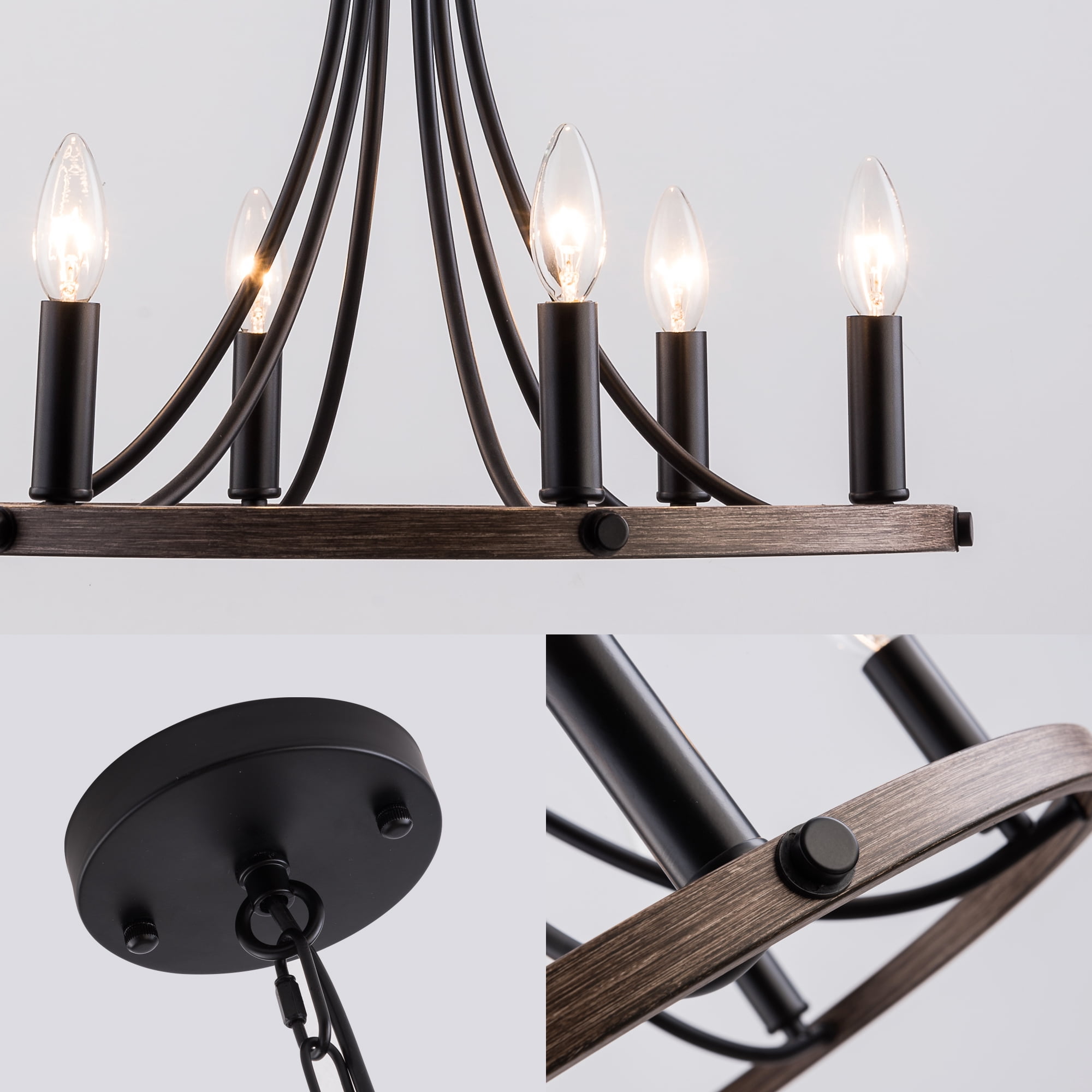 US HOME GOODS 6-Light Black Wheel Chandelier, Farmhouse Flush Mount Ceiling Light Fixture for Living&Dining Room Foyer Entryway, Metal Vintage Candle Pendant Lighting for Bedroom Hallway Kitchen