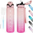thumbnail image 1 of LAICAIW 32 oz Water Bottles with Time Marker BPA Free Sport Drinking Bottle with Straw, Dishwasher Safe Lock Cover Leakproof Motivational Water Bottle Non-Toxic Canteen Bottle (Pink Rose), 1 of 7