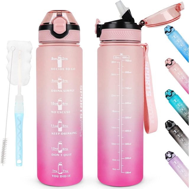 LAICAIW 32 oz Water Bottles with Time Marker BPA Free Sport Drinking Bottle with Straw, Dishwasher Safe Lock Cover Leakproof Motivational Water Bottle Non-Toxic Canteen Bottle (Pink Rose)