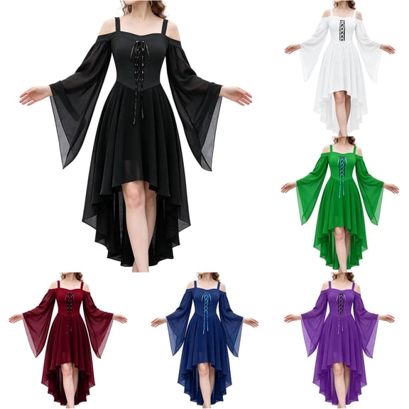 Xijirk Women's Gothic Witch Cosplay Dress Off Shoulder Spaghetti Strap Front Lace Up Bell Sleeve High Low Hem Dress for Halloween Party Role Play,1Black,S