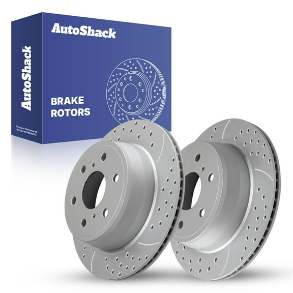 AutoShack Rear Vented Drilled & Slotted Coated Brake Rotors Silver Matte Finish 2-PC Set Replacement for 2007-2018 Chevrolet Silverado 1500 2007-2018 GMC Sierra 1500 TurboGuard 13.57" (344.8 mm)