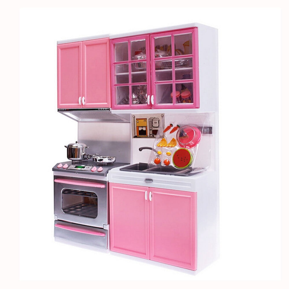Kids Modern Doll Play Mini Kitchen Toy Play set Refrigerator Stove Oven LIGHT UP 