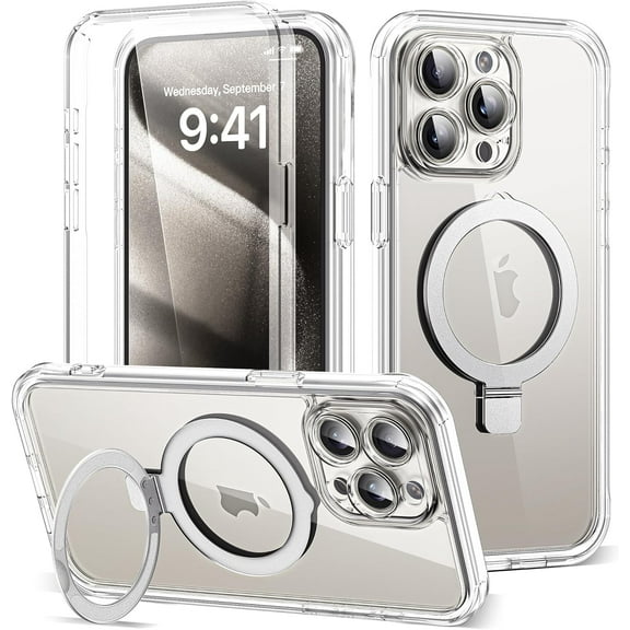 for iPhone 15 Pro Max Case with Invisible Magnetic Stand, Compatible with Mag-Safe -Grade Protection with Built-in Screen Protector, Shockproof Phone Case for Women Men, Clear