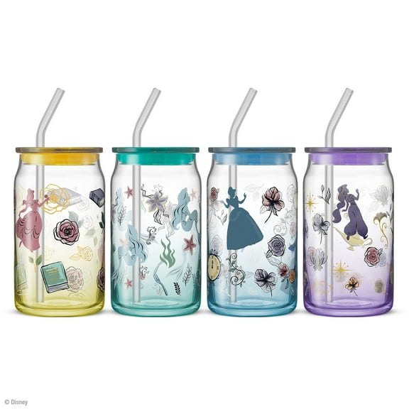 Disney Princess Icon Tumbler Glasses with Lids, 16-ounce, Set of 4