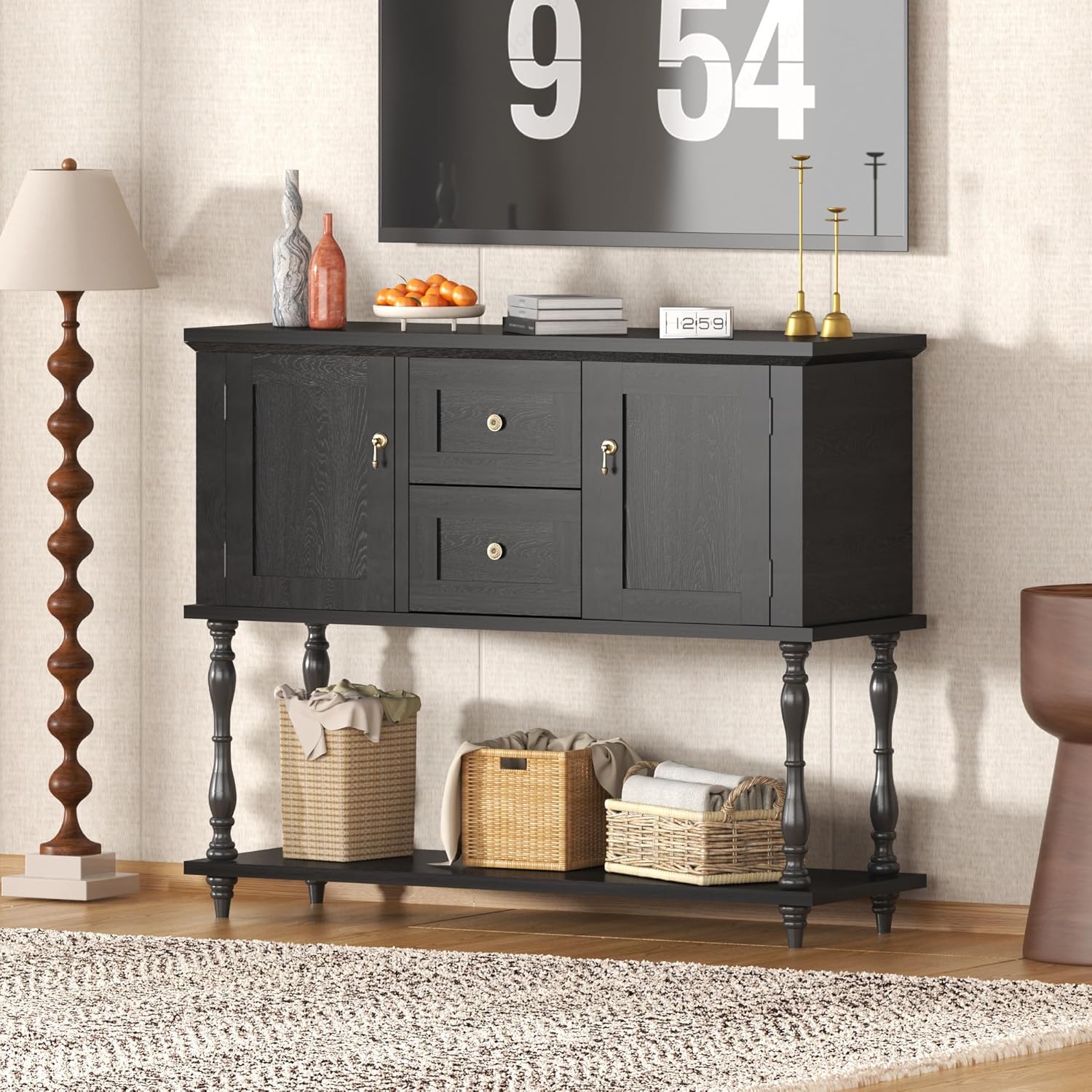 QinaQin Entryway Table with 2 Drawers,Vintage Console Table with Storage Shelf and 2 Doors,Farmhouse Buffet Sideboard Cabinet for Hallway,Entryway,Black