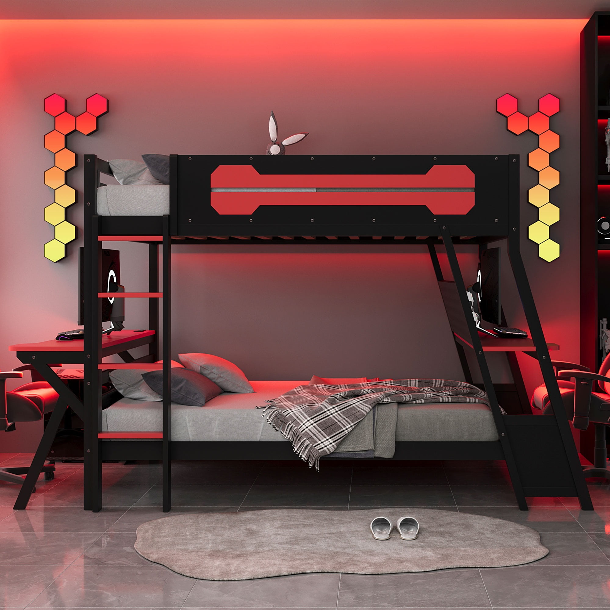 Aukfa Full over Full Bunk Bed with Built-In Desks, USB Charging Ports & Pegboard Organizer, Wood E-Sports Gaming Bed Frame for Kids/Teens, Red