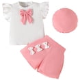 thumbnail image 2 of Dakiuu Toddler Girls Spring Summer Clothes Bow Rib Ruffle Short Sleeve T-Shirt Tops Bowknot Shorts Set with Beret 3 Pieces Outfits E-Pink 3-4 Years (4Y), 2 of 8