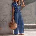 thumbnail image 3 of Women's Resort Jumpsuit, Casual Loose Wide Leg With Zip-Up Front & Stand Collar, Short Sleeve Vacation One-Piece With Belt Blue S, 3 of 5