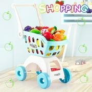 19" Big 2-Layer Kids Toy Shopping Cart W/Sliceable Fruit Kits Toys for Girls 3-6 Years Boys, Pretend Play Shopping Grocery Wagon Play Set Gifts to Toddlers, 20Pcs Clear Blue